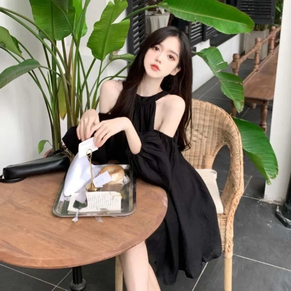 Sweet Lantern Sleeve Off Shoulder Halter Dress Thin Elegant Halter Mini Dress Korean Style Beachwear A-line Short Skirt Party