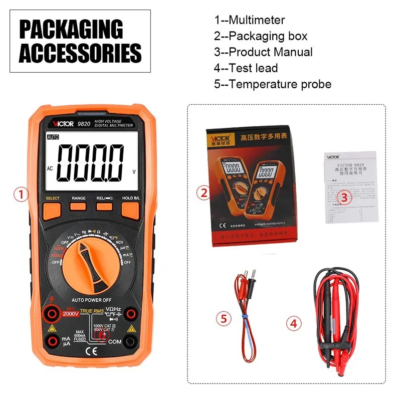 RUOSHUI 9820 2000V High Voltage Digital Multimeter for Mine AC DC Voltmeter True RMS Resistance Capacitor Tester Frequency Meter