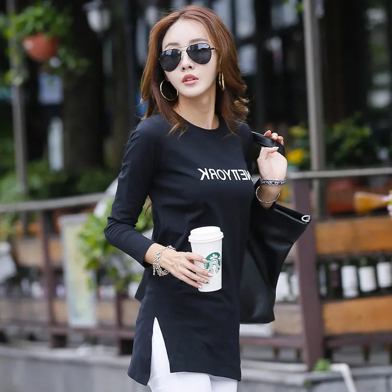 

New 2024 Long T Shirt Women Cotton Full Sleeves T-shirt Spring Round Neck Casual Tshirt Cute Letters Print Female Tunic Tops