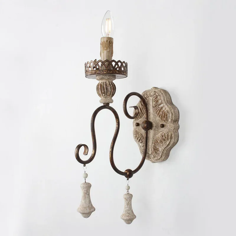 

Loft American Retro Solid Wood Wall Lamp French Living Room Dining Room Corridor Iron Lamp Vintage Double Head Wall Sconce