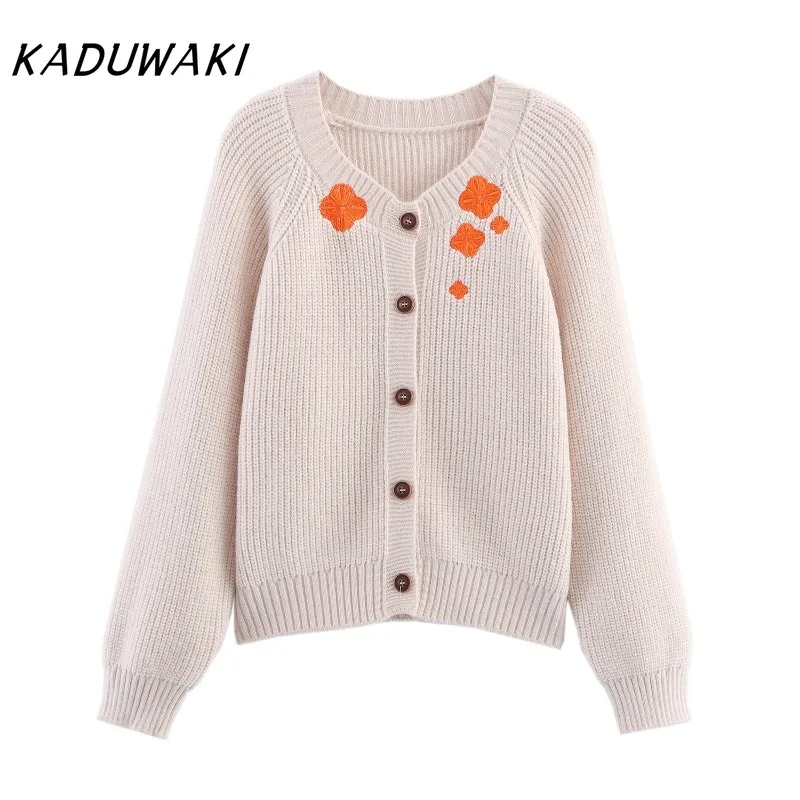 

KADUWAKI Flower Embroidery Knitted Sweaters Women's Vintage Chic O Neck Single Breasted Sweaters Design Sense Cardigans 여성 반팔 니트