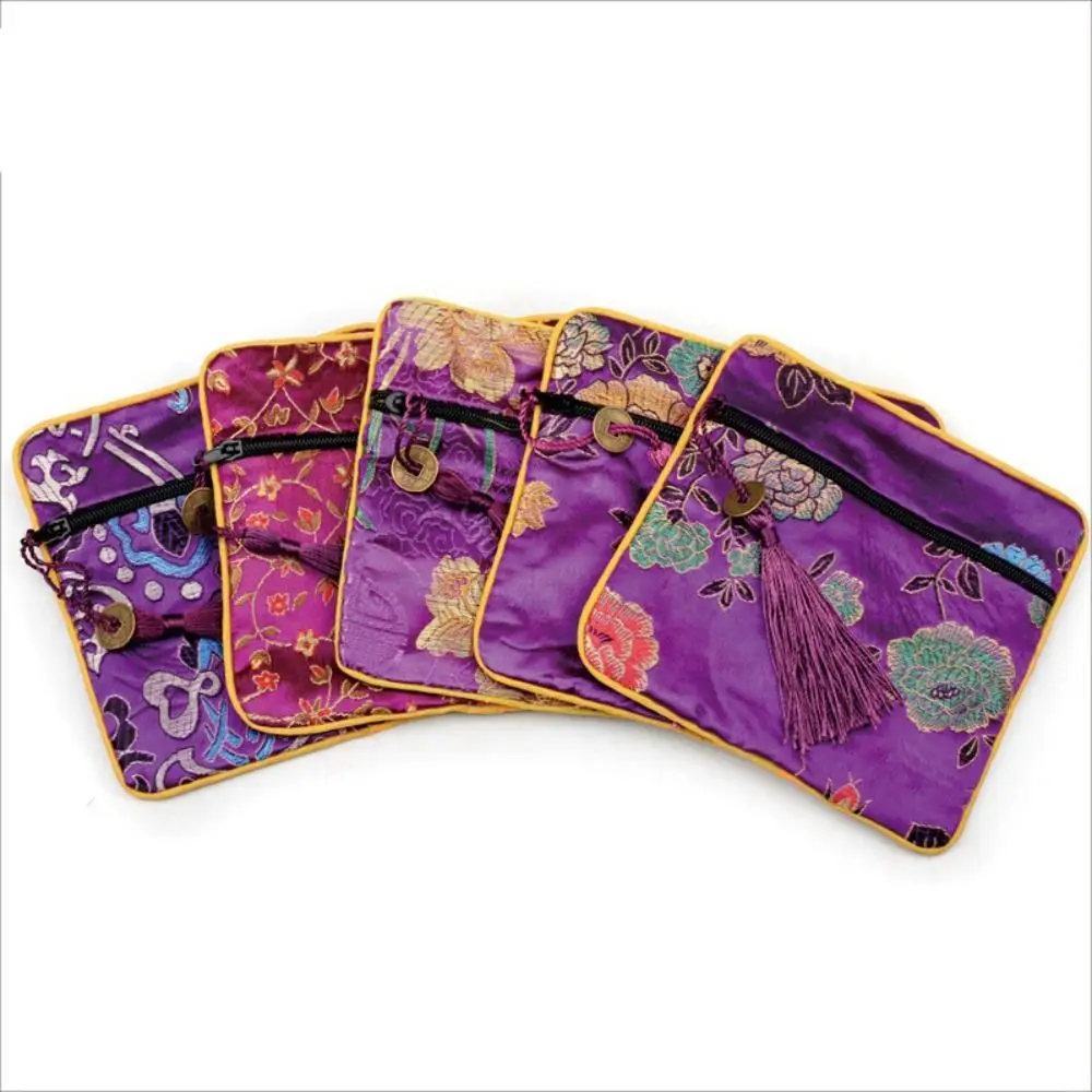 กระเป๋าใส่เหรียญผ้าแคนวาสปักลายมินิ พร้อมพู่ห้อย ลายมังกรดอกไม้  กระเป๋าใส่เหรียญทองแดง  กระเป๋าใส่เครื่องประดับ  กระเป๋าใส่บัตร  กระเป๋าถือใบเล็ก