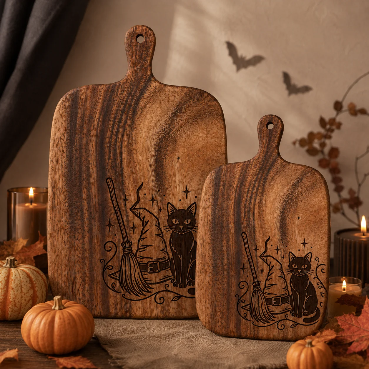 2Pcs/1Pc Halloween Wooden Carved Cutting Board Artistic Carved Steak Board Tabletop Decorative Cutting Board Stylish Long Handle, Made of Solid Wood, Used for Cutting Meat, Cheese, Bread, Vegetables, and Fruits - Deli Board, Cheese Serving Board, Perfect for Food Slicing and Presentation, Portable Camping Cutting Board, a Must-Have for Modern Home and Country Kitchens Mother's Day Gifts, Wedding Season Kitchen Supplies