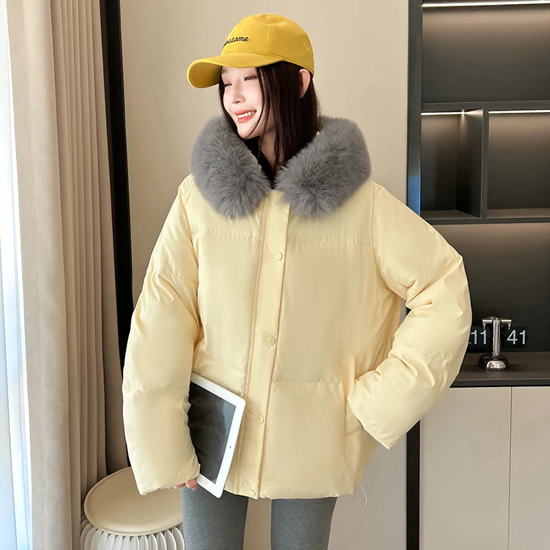 Autumn Winter Down Jackets Thick Short Hooded Big Fur Collar Down Padded Jacket Casual Student Fashion Women's Parka Coats 2025