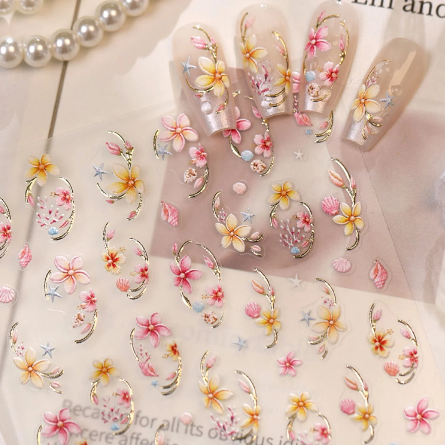 Gilded Oval Frame 5D Nail Art Stickers Pink Yellow Floral Branch Shell Starfish Flower Gold Border Decal Self Adhesive Manicure
