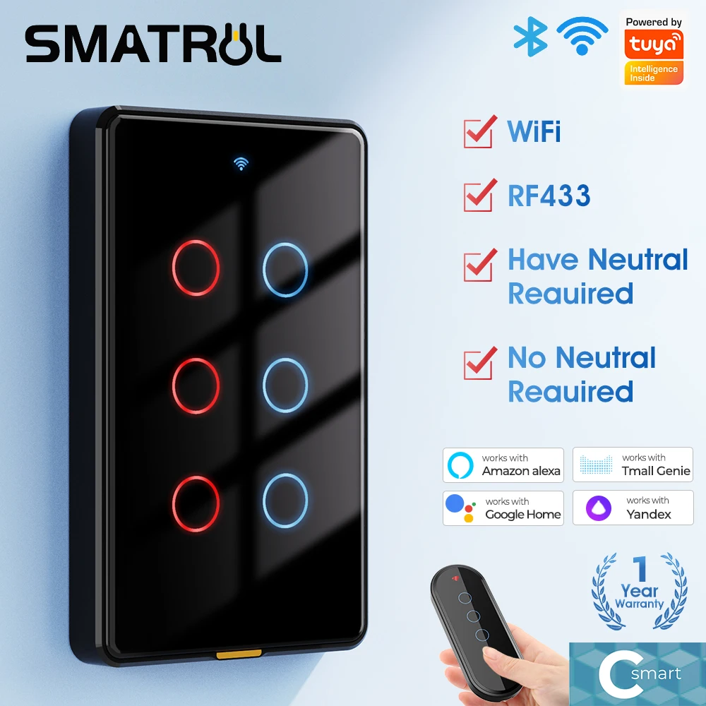 

Беспроводной смарт-выключатель Tuya с Wi-Fi, RF433, 110-240 В, таймер, 6 кнопок, голосовое приложение для Tmall Genie, Alexa, Google Home