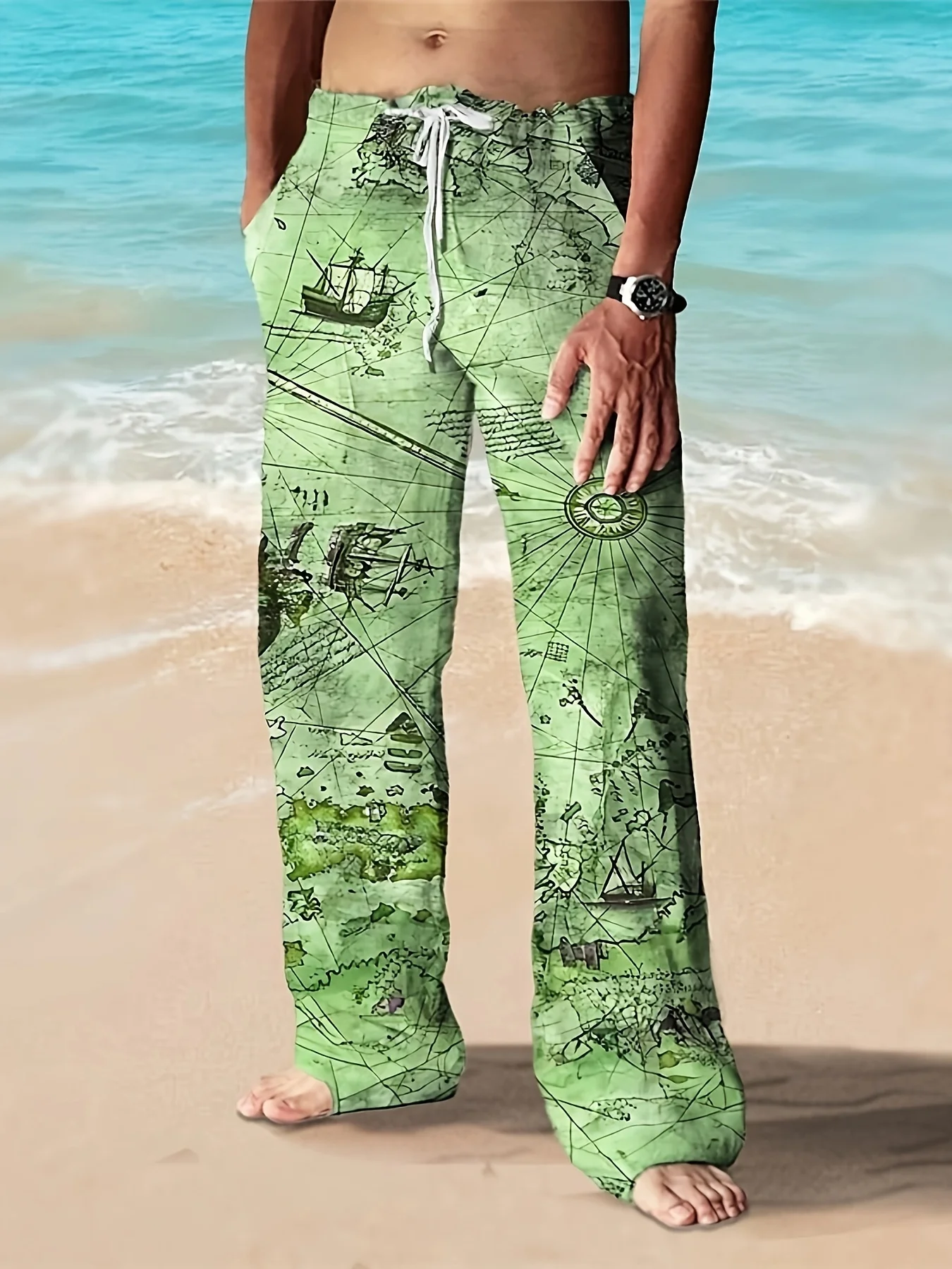 سراويل رجالية كاجوال من القطن والكتان، سراويل شاطئ صيفية مطبوعة عرقية، ريترو، منتصف الخصر، سحاب، مقاس كبير Ropa Hombre #6