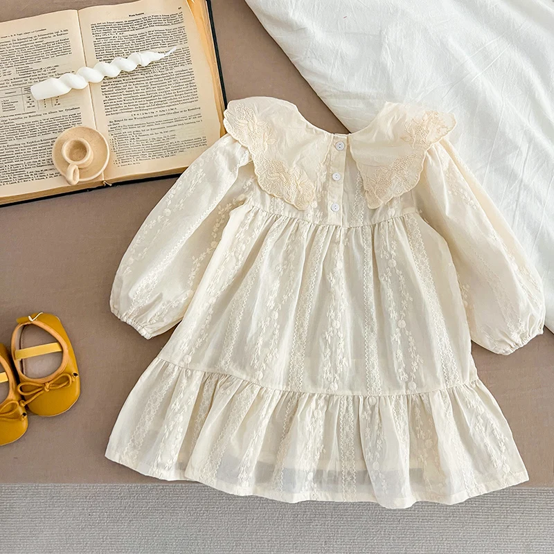 1-6Yrs Toddler Outfit Autumn Baby Girls Dress Flower Embroidery Dress Ruffled Collar Infant Girls Cotton Kids Princess Dresses