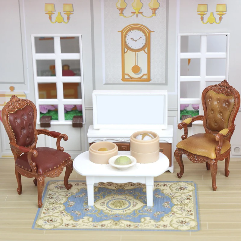 1Pcs 1:12 Dollhouse Miniature European Armchair Footstool Retro Study Chair Furniture Model Decor Toy Doll House Accessories