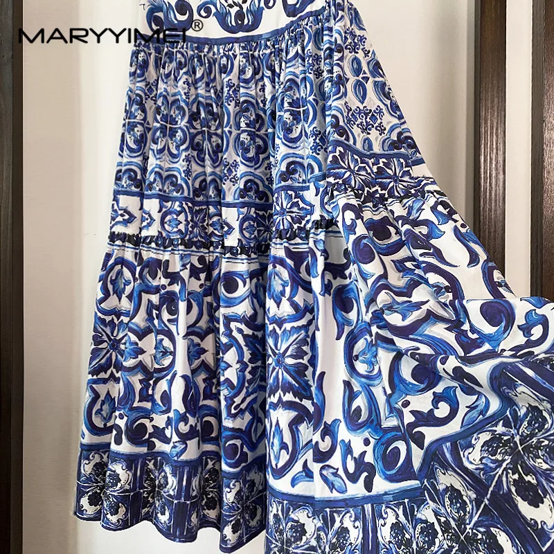 MARYYIMEI Mode Nieuwe Zomer Dames Blauw en wit porselein Print Casual Hoge kwaliteit Katoenen Rok