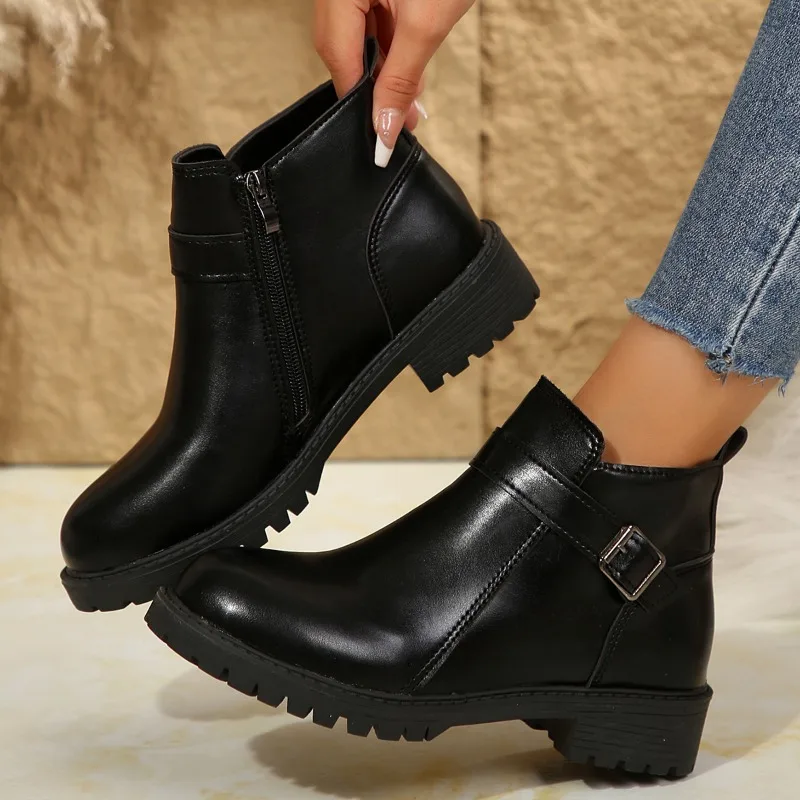 

Fashion Womens Boots Hot Women's Casual Leather Shoes Comfortable Women Thick-soled Shoes Side Zipper Slip-on Boots for Women