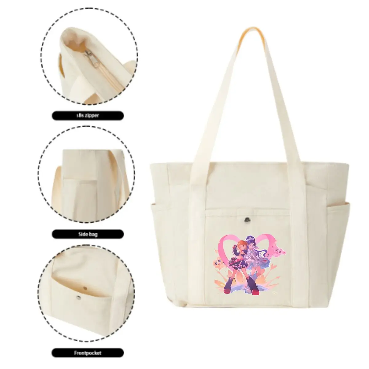 Magical Girl Duo Illustration Large Capacity Canvas Tote Bags Work Commuting Carrying Bag College Style Student
