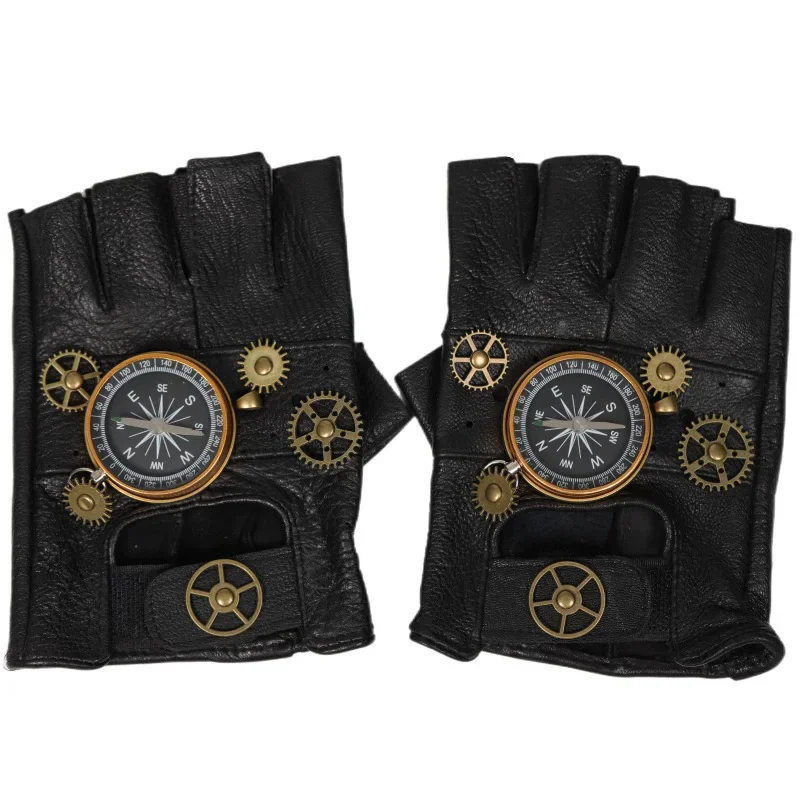 Steampunk PU Leather Fingerless Compass Gloves Men Women Fashion Hip Hop Punk Gloves Half Finger Gloves