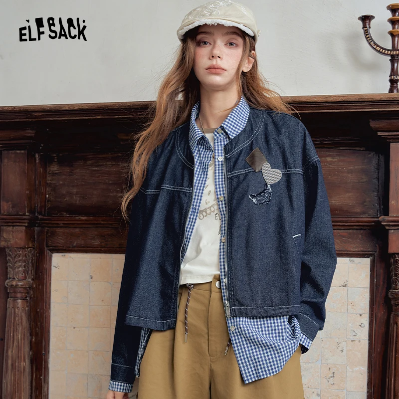 ELFSACK Women's Vintage Cropped Denim Jacket with Heart Patchwork, Zip‑Up Outerwear for Autumn, Loose Casual Short Coat
