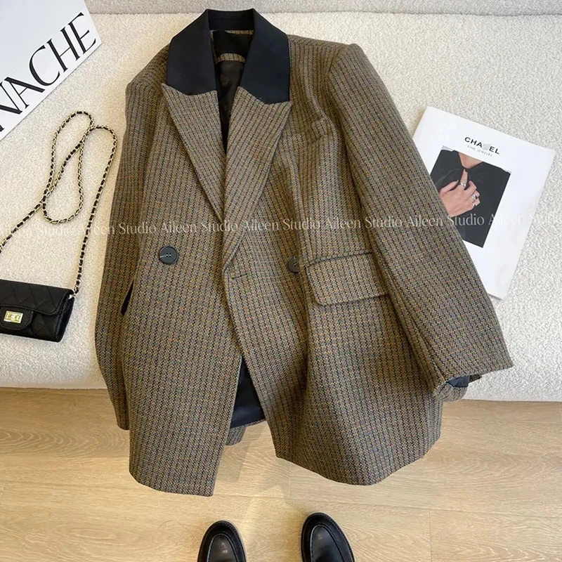 

2024 New Winter Houndstooth Plaid Woolen Blazers Suit Coat Women's Spring Autumn Korean Thickened Retro Blazers Jackets Tops 21