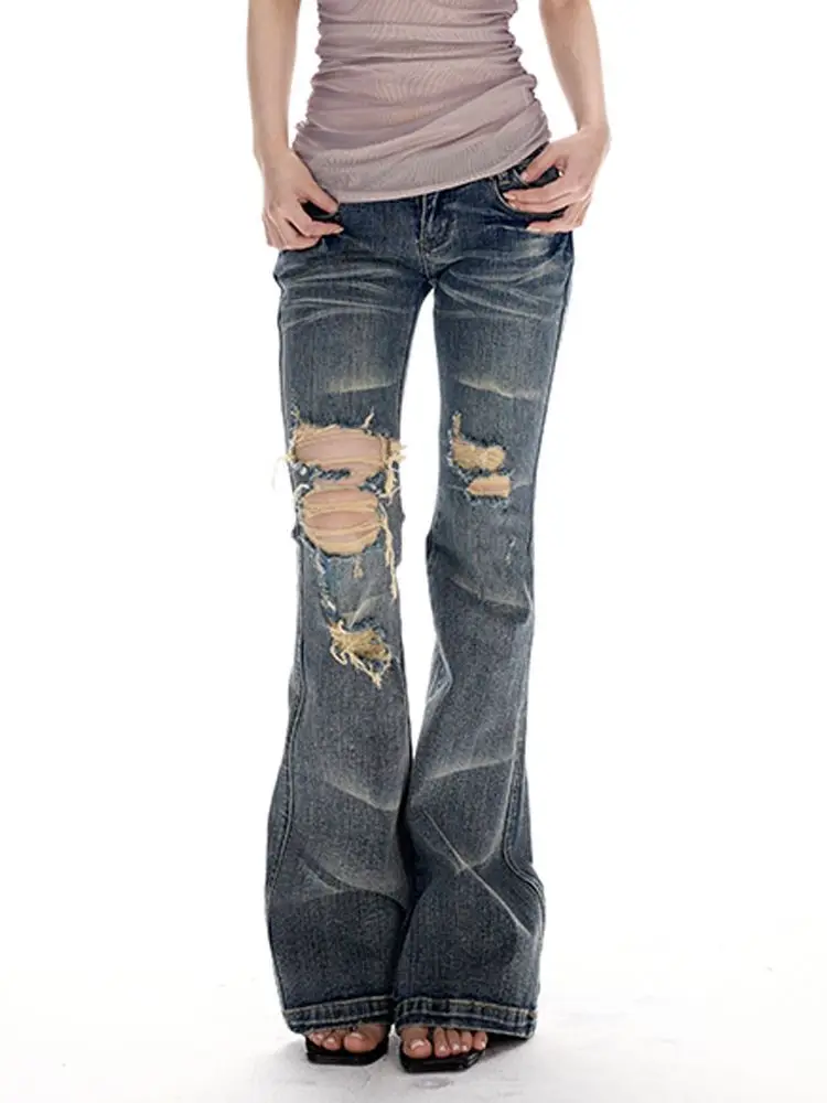 HOUZHOU Y2k Vintage Zerrissene Jeans für Damen Spicy Girl High Street Washed Bootcut Jeans Grunge Retro Gerade Modische Denim-Hosen – Detail 5