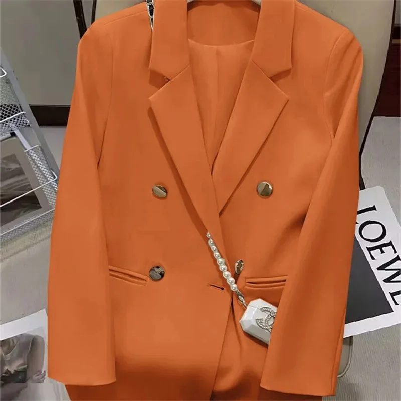 เสื้อสูทผู้หญิง สไตล์เกาหลี แฟชั่นฤดูใบไม้ผลิ-ฤดูใบไม้ร่วง ปี 2026 เสื้อคลุมหรูหรา แจ็คเก็ตกระดุมสองแถว สีพื้น เสื้อผ้าผู้หญิง