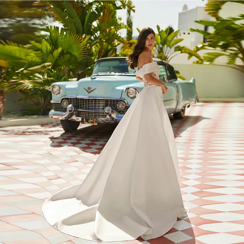 Customized Simple Satin Wedding Dresses Elegant Bridal Gown Off The Shoulder A-Line Robes Pretty Vestidos De Novia Applique Back