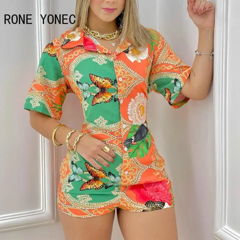 Women Casual shirt Collar Butterfly Pattern Graphic Short Sleeves button Sweet Rompers