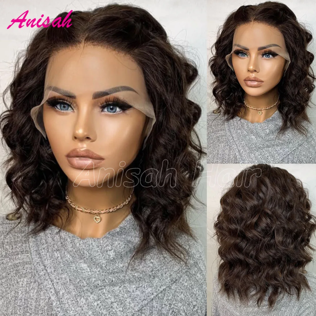 

13X4 Lace Front Human Hair Wigs For Women Pre Plucked Short Bob Lace Frontal Wigs Glueless Brown Colored Lace Closure Curly Wig