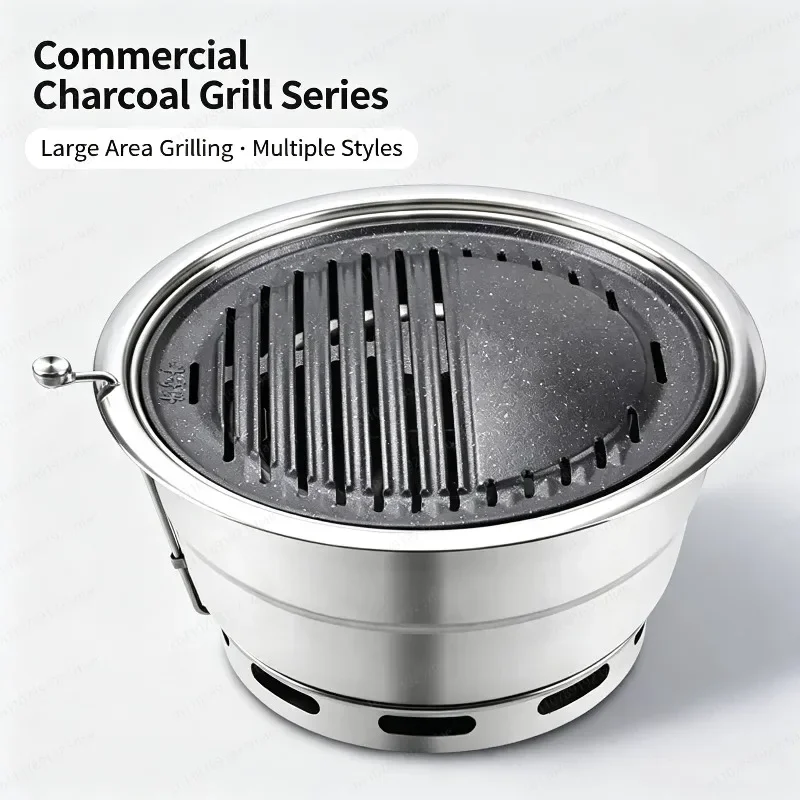 Commercial Round Up-Draft Korean BBQ Grill, 304 Stainless Steel Smokeless Charcoal Stove for Restaurant Use
