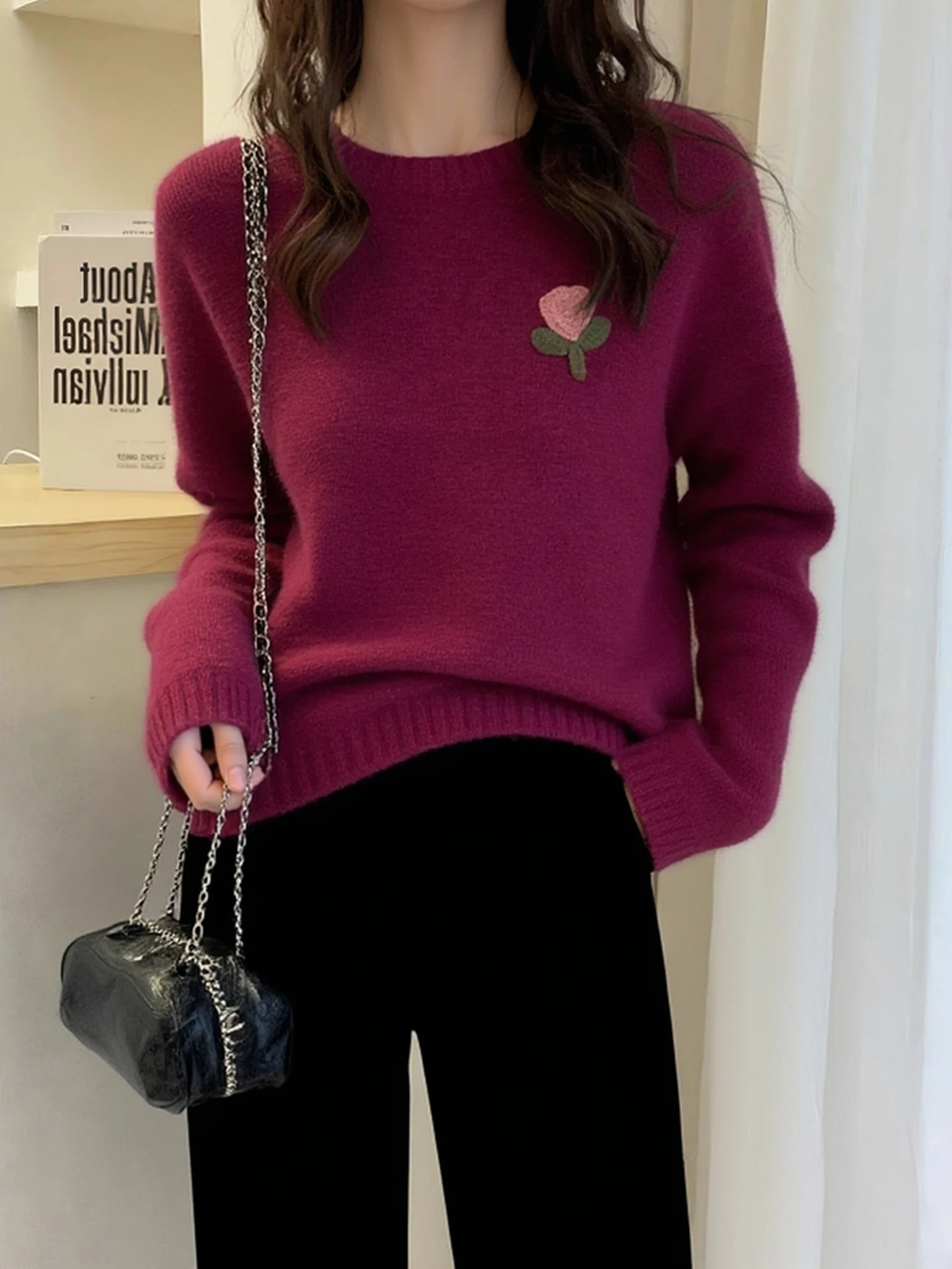 

Soft Comfortable Sweet Gentle Winter Knitted Long Sve Camere Sweater Unique round Ne Overhead Korean Sle Loose Fit