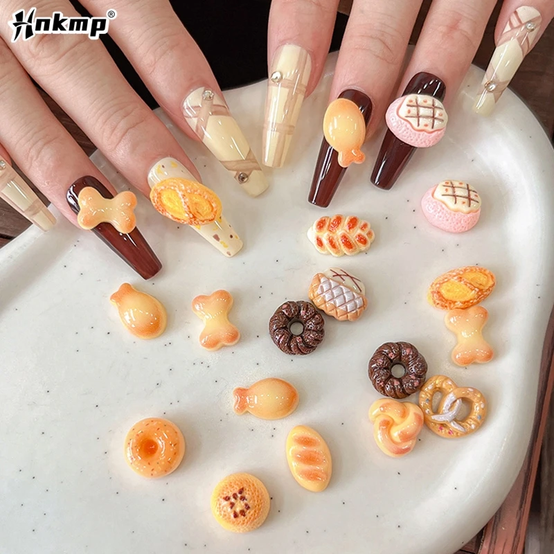 10Pcs Resin Simulation Food Nail Charms Kawaii Cartoon Donut Bread Nail Art Accessories 3D Charm For DIY Nail Decorations Salon