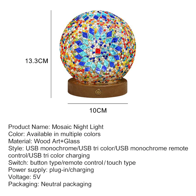 Bohemian Table Lamp Turkish Mosaic Lamp For Battery Light Multicolor Lamp Room Decorations Items Touch switch Wooden Night Light