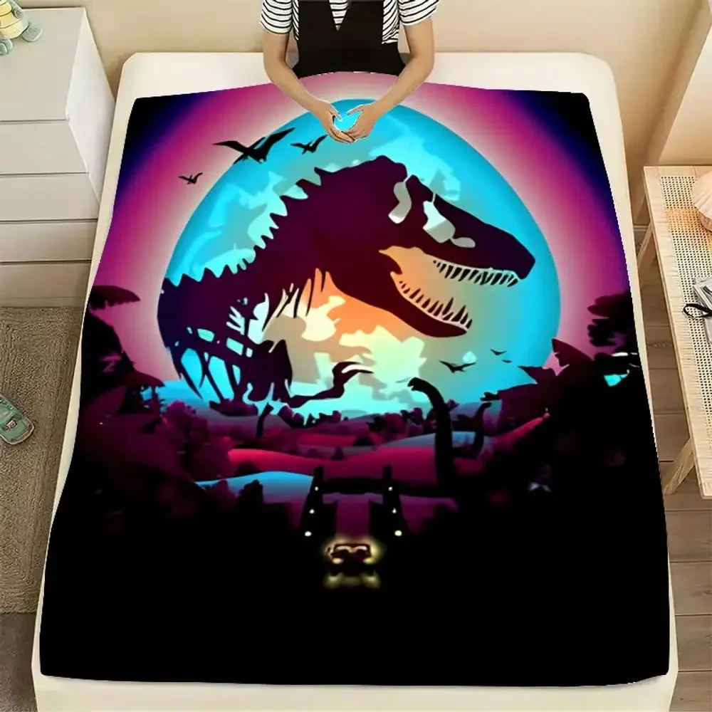 Vibrant Tyrannosaurus Rex Dinosaur and Glowing Blue Moon Blanket - Surreal Retro-Futuristic Soft Throw Blanket for Home Decor, P