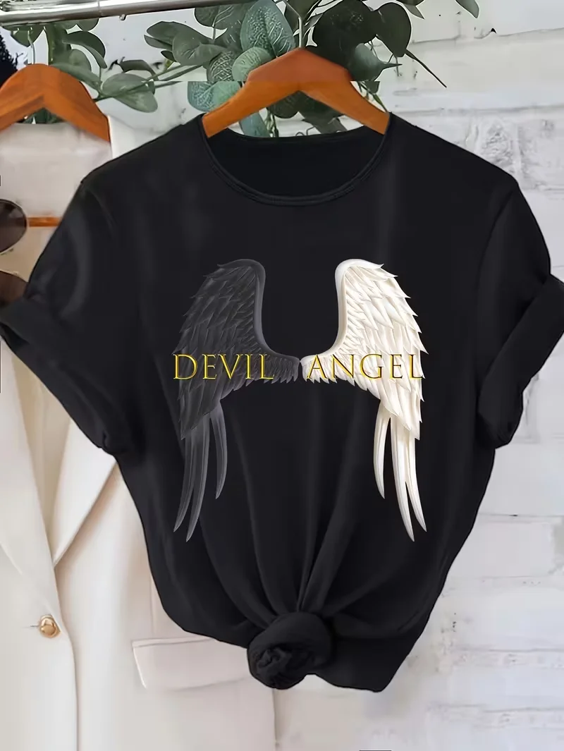 Devil & Angel Wings & Protect Surround You Trust You're Safe Print Crew Neck T-shirt, Casual Fashion Short Sleeve T-shirt