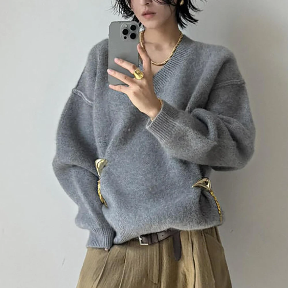 

Женский пуловер из смеси шерсти Y2K с золотой пряжкой и бахромой, элегантный вязаный топ с v-образным вырезом и длинными рукавами, новинка осени 202, новинка