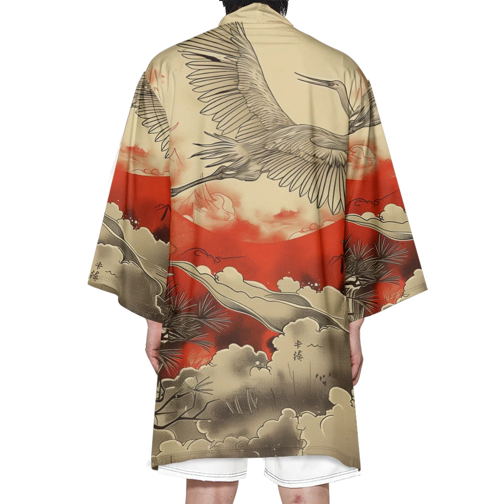 

Autumn Samurai Kimono Cosplay Japanese Fashion Long Kimono Unisex Stylish Haori Kimonos Retro Crane Print Cardigan Robe Yukata