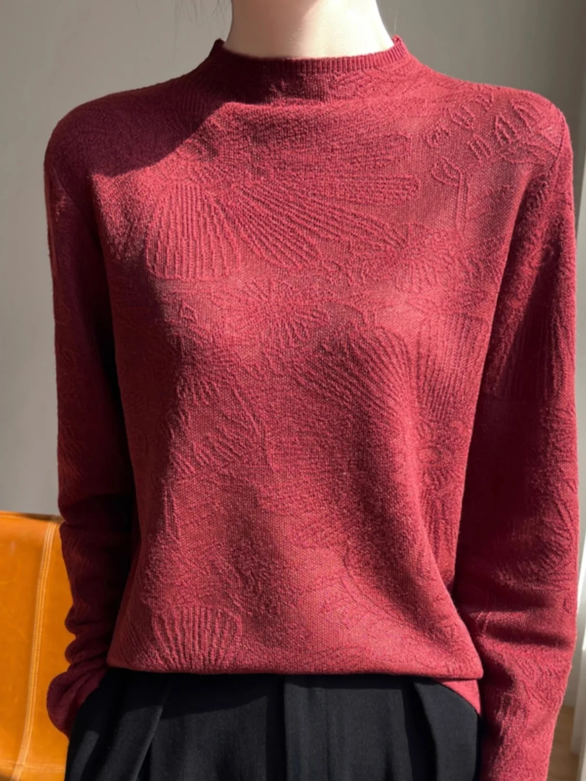 Jesienno-zimowy sweter damski z dzianiny, z wysokim kołnierzem, z efektem 3D, casualowy, uniwersalny, ciepły, długi, prosty krój.