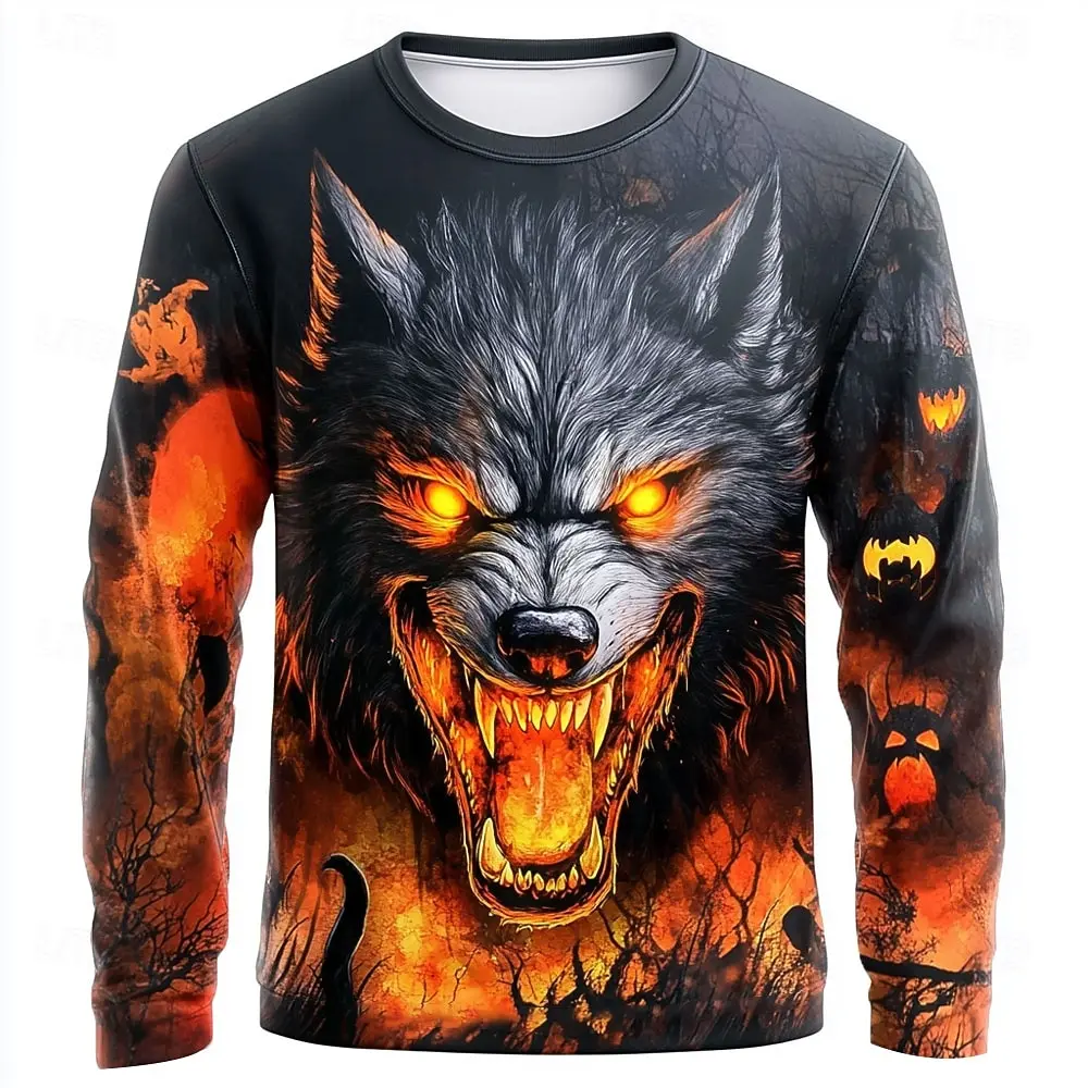 

2025 Fall Halloween Werewolf Print Long Sleeve T-Shirts for Men Trendy Streetwear Casual Tops Halloween Theme Casual Tees Winter