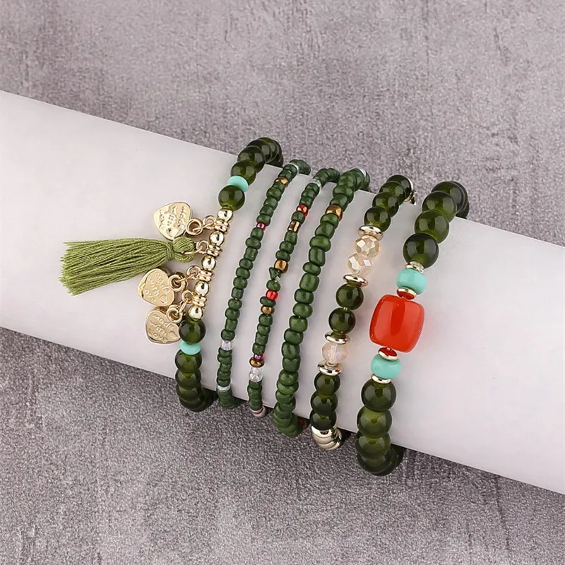 Boho 6pcs/set Bracelets for Women Ethnic Tassel Heart Charm Bracelets Green Rice Beads Multilayer Bracelet Jewelry Set