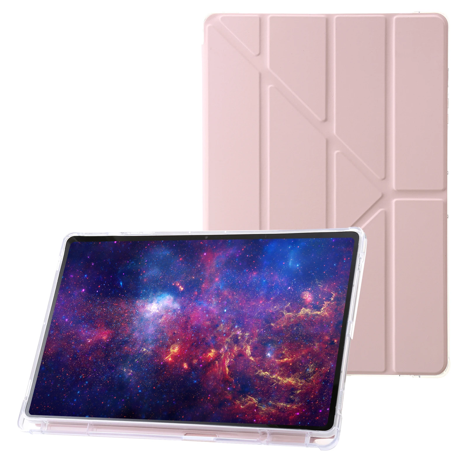 

For Samsung Galaxy Tab S9+ Origami Tri-fold Stand Cover PU Leather+Acrylic+TPU Auto Wake / Sleep Tablet Case - Pink