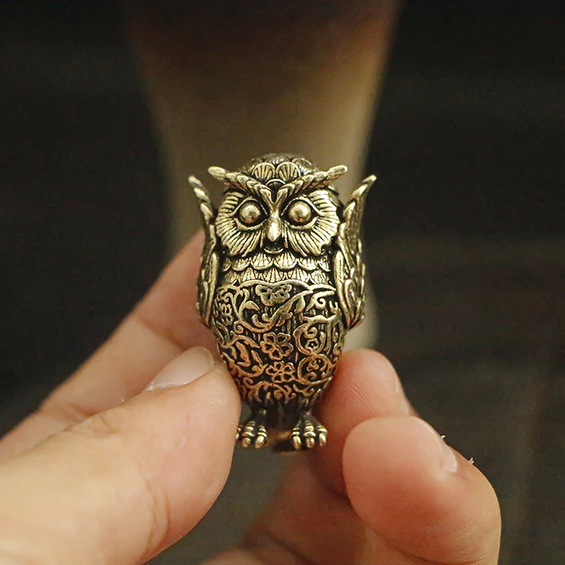 1Pcs Retro Copper Animal Tea Pet Desktop Ornament Antique Solid Brass Owl Miniature Figurines Home Decor Crafts
