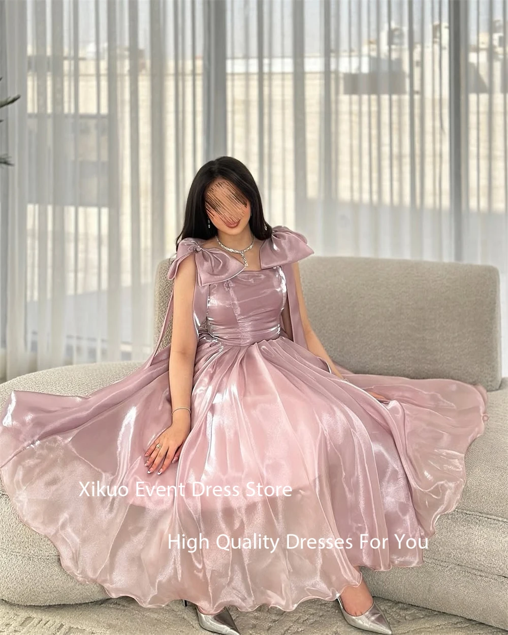 Xikuo Fairy Pink Organza Evening Dress Bow A Line Vestido Para Quinceañera Saudi Arabia Cocktail Party Prom Gowns Customized