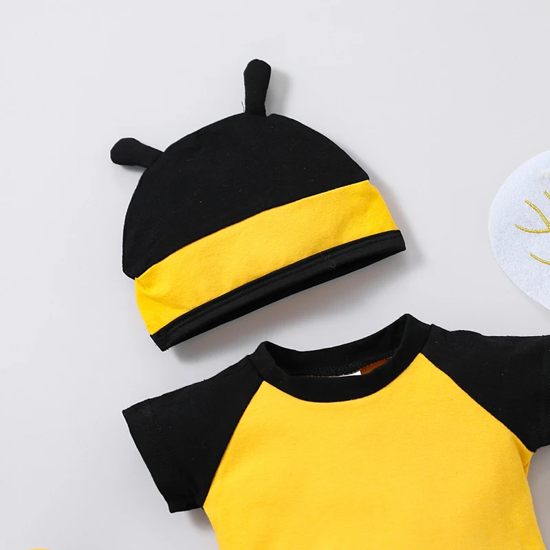 Newborn Baby Bee Costume Short Sleeve Honeybee Romper Hat Wings Socks Set Bee Halloween Outfit Cosplay Party