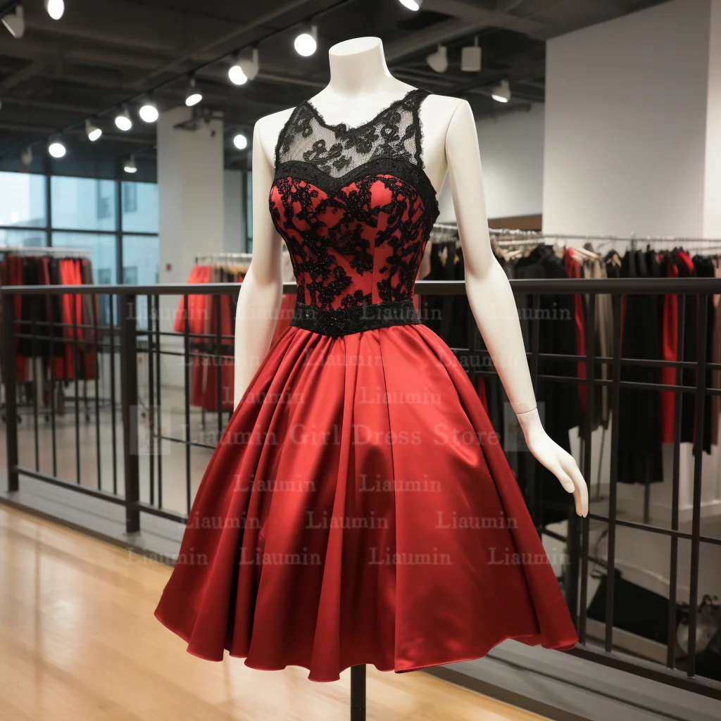 Vestido de noche de encaje con borde de encaje rojo y negro, longitud corta, ocasión Formal, elegante, hecho a mano, W1-2 personalizado