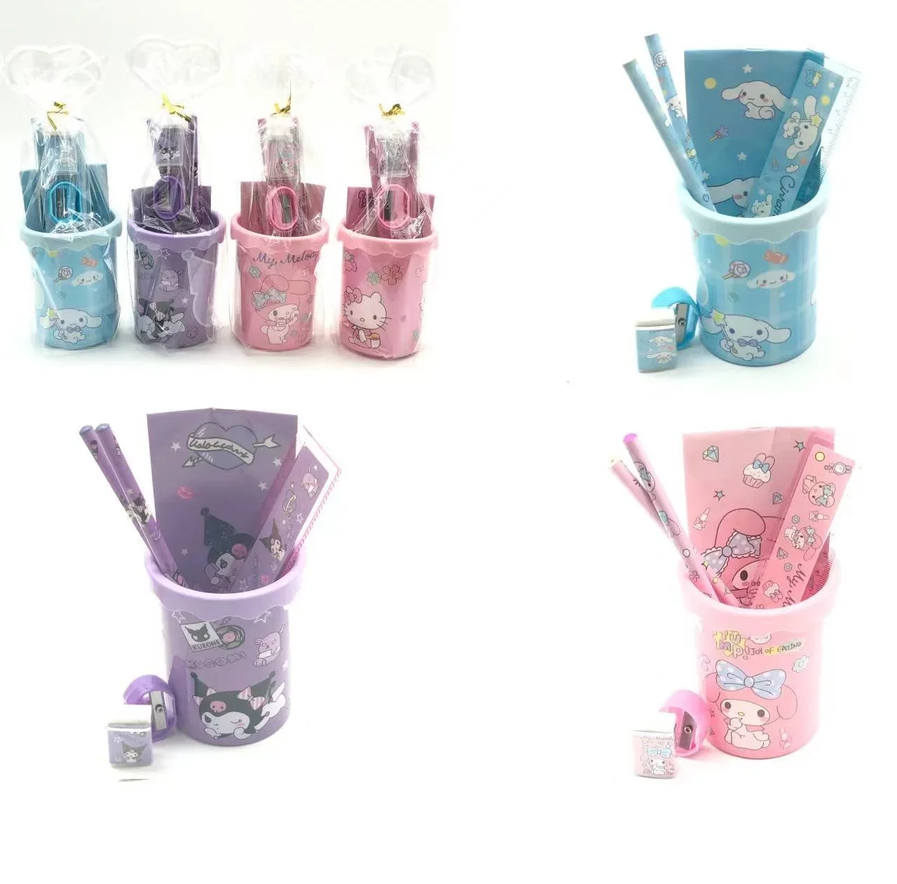 Porte-stylo portable Sanurgente Mymelody Kuromi Cinnamoroll Kawaii, gomme à crayons, prix de début scolaire, ensemble d'acquisition de station, coffret cadeau, 7 pièces/lot