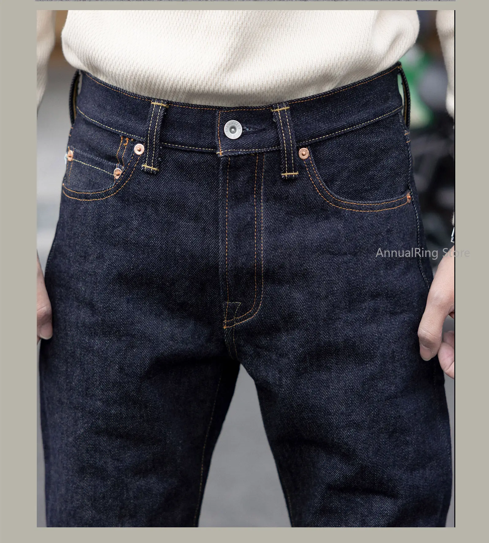 Red Tornado 666 Style Men's Slim Straight Jeans 21OZ Heavyweight Selvedge Raw Denim Pants view 5