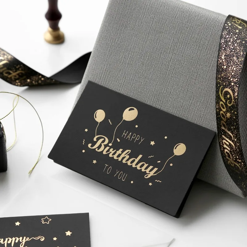 Black Birthday Greeting Card Bronzing Invitations Postcard Wishes Blessing Message Cards Small Card Blank with Envelope Greeting