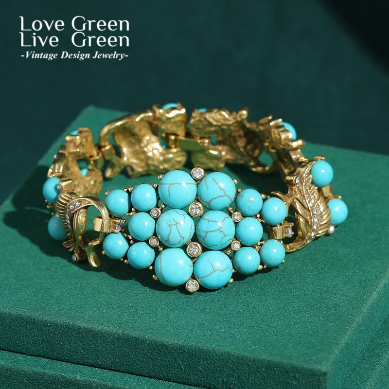 

Vintage Turquoise Jewelry Charm Bracelet Beads Chain Antique Gold Color Leaf Luxury For Women 2025 New Trend Bohemia Party