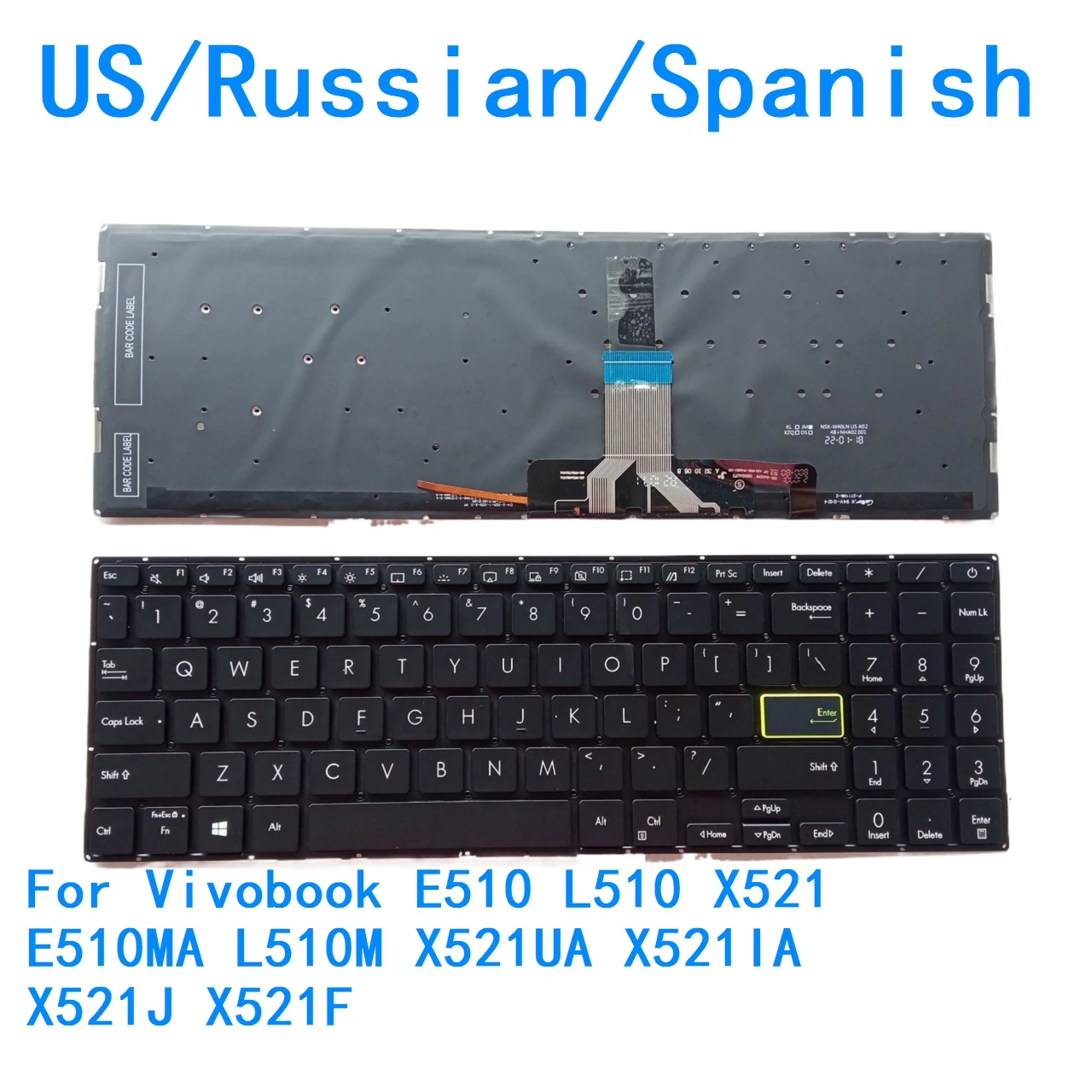 

New US Russian Spanish Language Backlit Keyboard For ASUS Vivobook E510 L510 X521 E510MA L510M X521UA X521IA X521J X521F