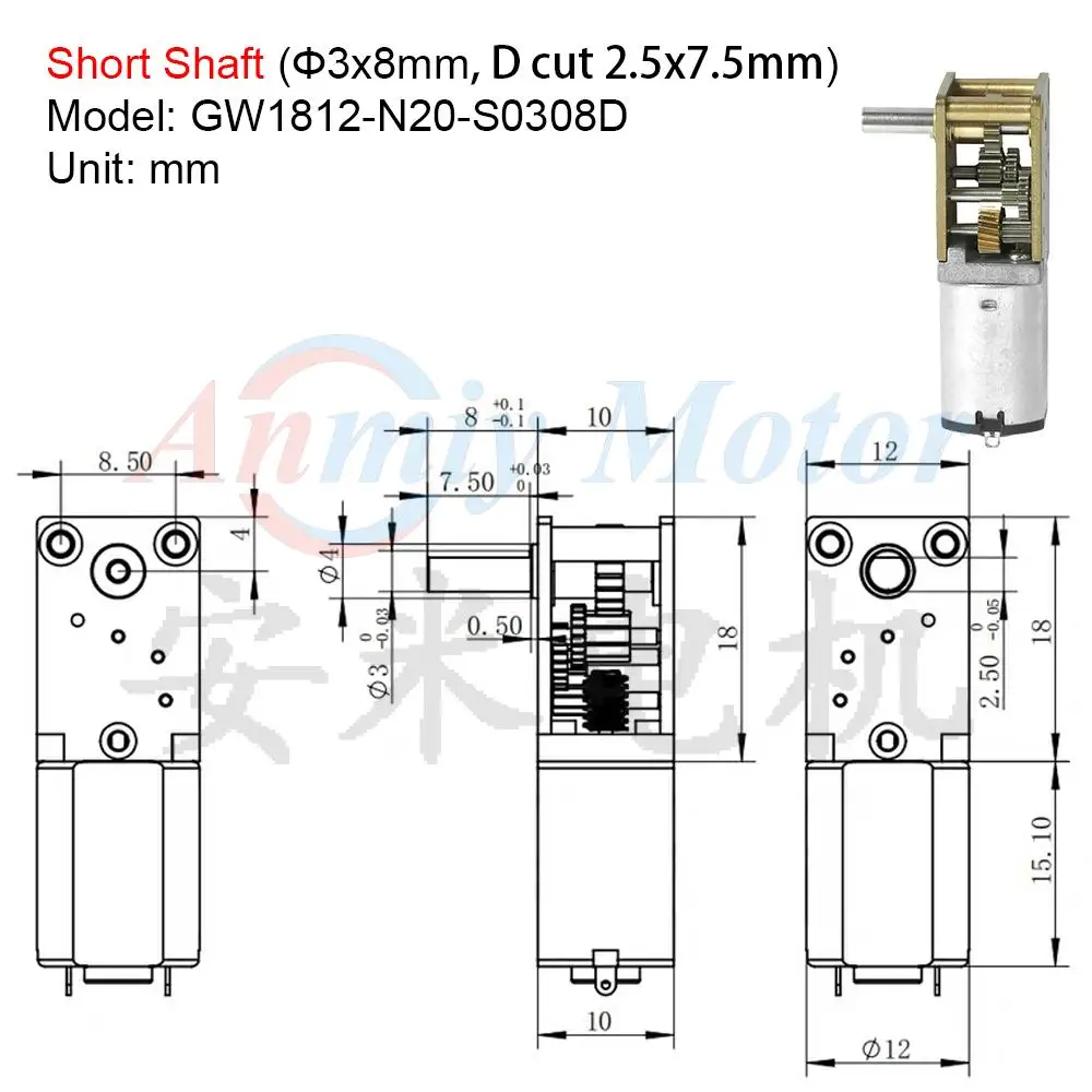 GW1812-N20 DC 12V (to 6V 3V) Mini Micro Metal Worm Gear DC Brushed Motor Slow Speed High Torque Long Shaft Dual Shaft 16-381RPM