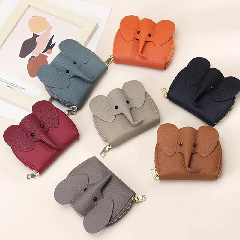 Porte-cartes en cuir véritable pour femme, éléphant mignon, porte-cartes à fermeture éclair, grande capacité, luxe, mode, porte-monnaie, cadeau créatif