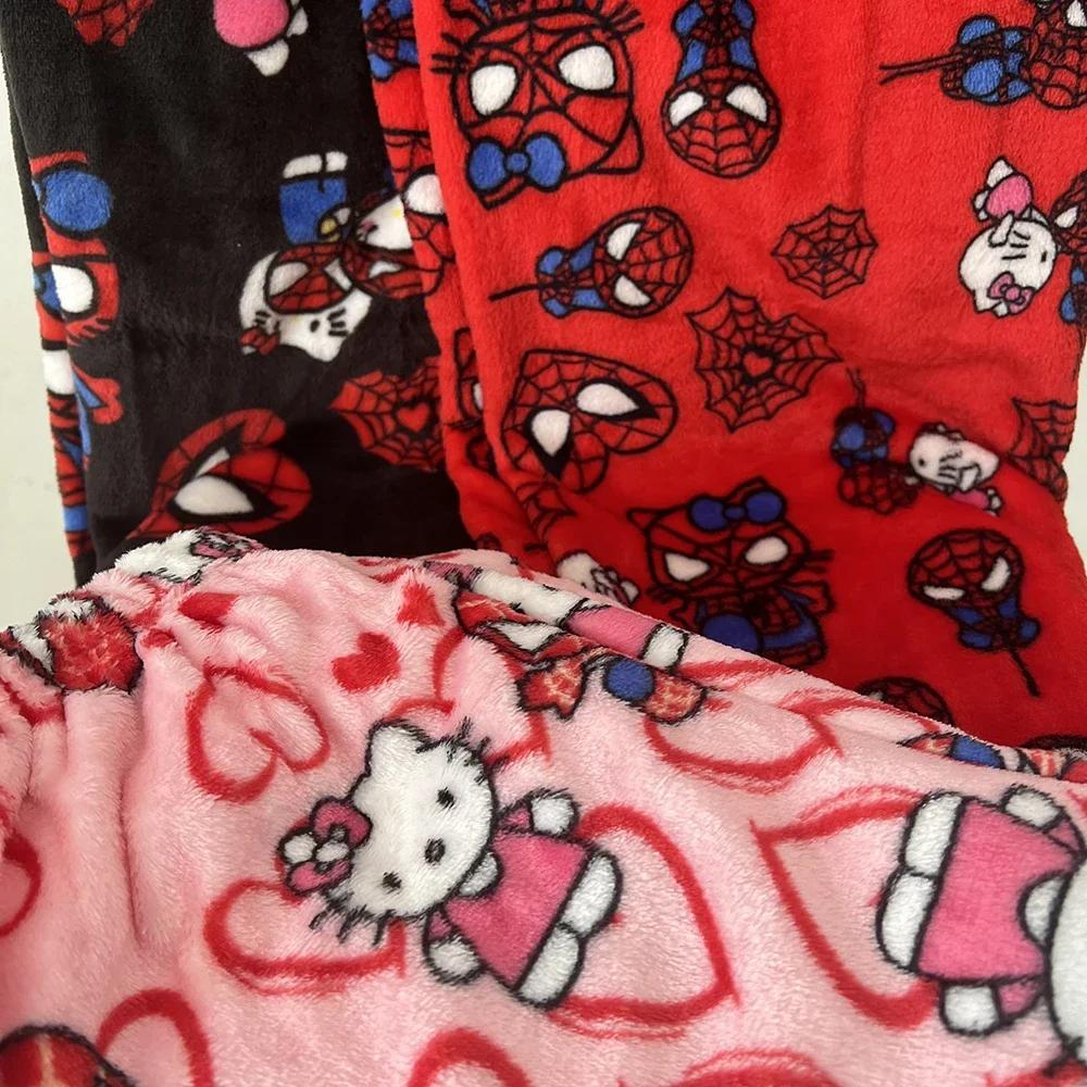 2024 novo homem aranha calças de dormir anime olá kitty calças de pijama flanela macia calças casuais dos desenhos animados casa calças presentes casal