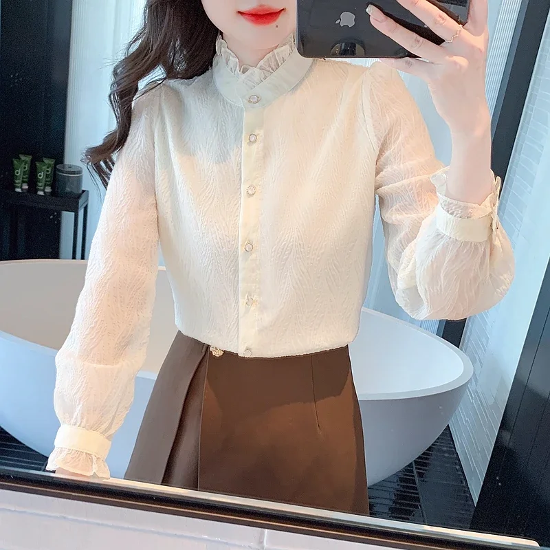 Mode Lange Mouw Abrikoos Chiffon Blouse Shirt Vrouwen Tops Blusas Mujer De Moda 2024 Nieuwe Stand Kraag Blouse Vrouwen Shirts H502