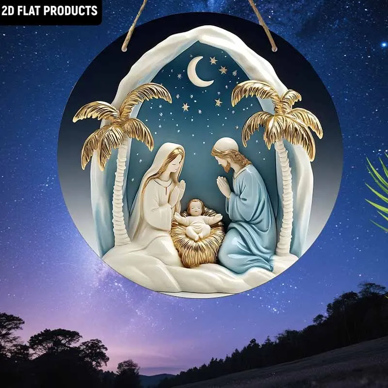 2D Flat, 1pc 2D Flat Nativity Art Sign Christmas Pray Coconut Tree 7.87inch Wooden Decorative Signs, Christmas Holiday Party Dec